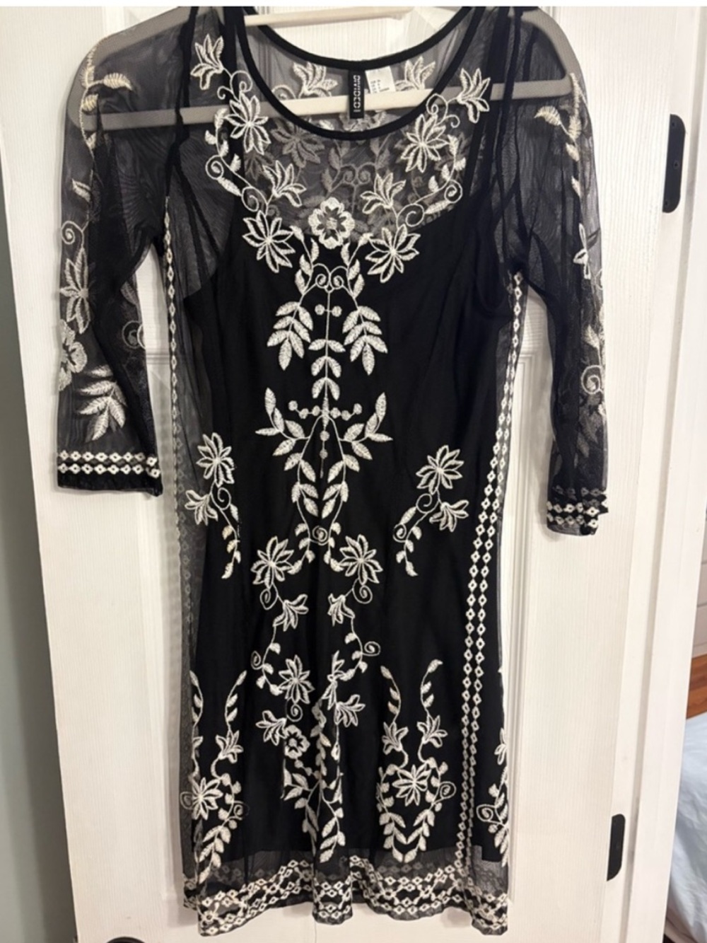 H&M Black Dress with White Floral Embroidery and Sheer Sleeves Size 6